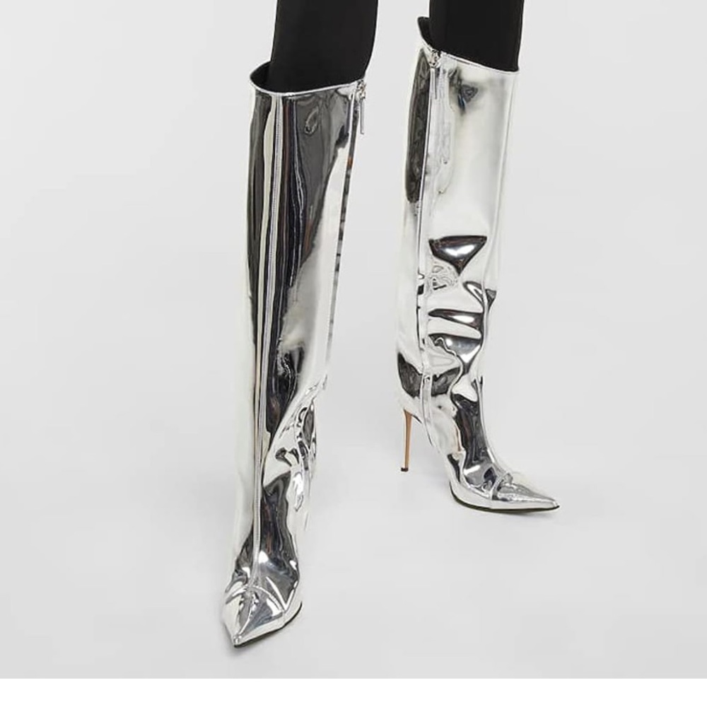 Silver metallic over the knee boots